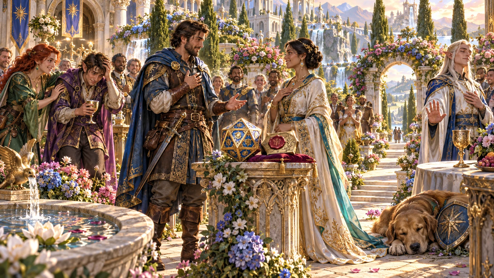People consider a measured response and a way forward in a palace garden.